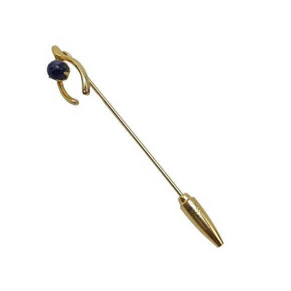 Blue Gemstone Lucky Horseshoe Stick Pin Gold Tone Vintage - Picture 1 of 4